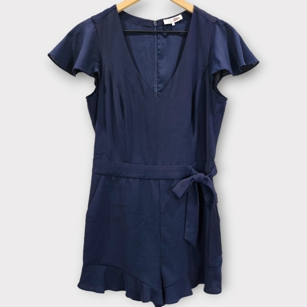 Parker Navy Catherine Romper Tie Waist Ruffle Hem Size 4 - Picture 2 of 14